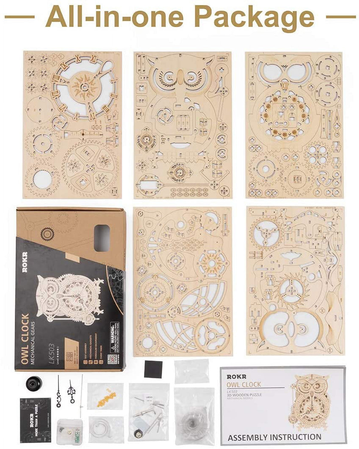 ROKR 3D Puzzle Owl Clock - Mechanical Model Building Kit for Adults 161PCS Clock Creative Gift Home Decor for Family