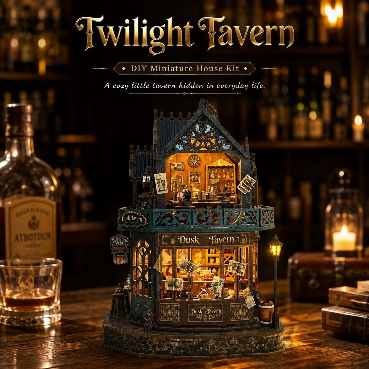 Twilight Tavern DIY Miniature House Kit – Wooden 3D Puzzle with LED Lights, Creative Building Model & Relaxing Craft Gift