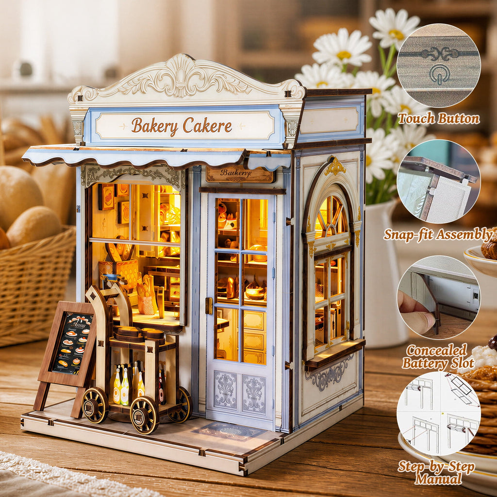 MOJINO DIY Book Nook Kit, Vintage Bakery Miniature House 3D Wooden Puzzle with LED Light, Tiny Home Dollhouse Craft Kit for Adults & Teens, Bookshelf Decor