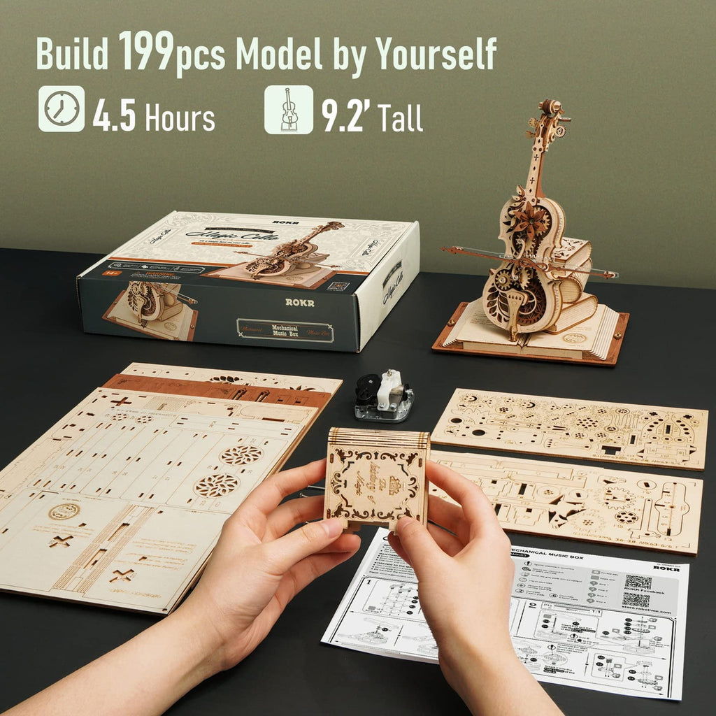 ROKR 3D Puzzle Music Box Wooden Model Kit Magic Cello Mechanical Building Kit Desk Gift for Men Women Hobby for Adults