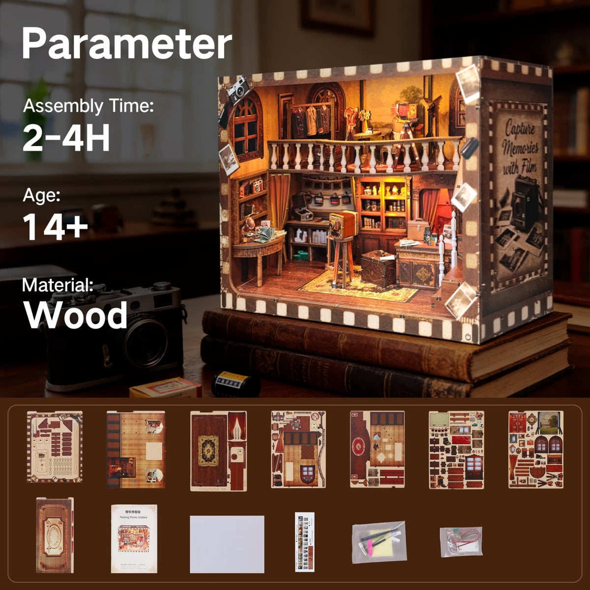 165 Piece Miniature 3D Wooden Puzzle, Vintage Photo Studio Model Kit with Touch LED Light, Desk and Shelf Display Decor, 9 Inch