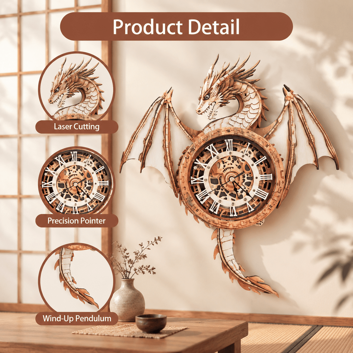 Fire Phoenix Wooden 3D Puzzle Clock DIY Model Kit for Adults