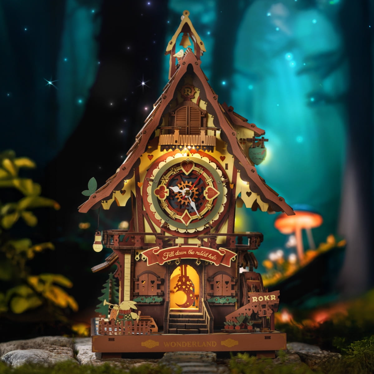 ROKR Cuckoo Clock 3D Wooden Puzzle Kit, Mechanical Clock Model with Moving Pendulum and LED Light, Colorful DIY Craft Decor Xmas Gift Toy for Adults