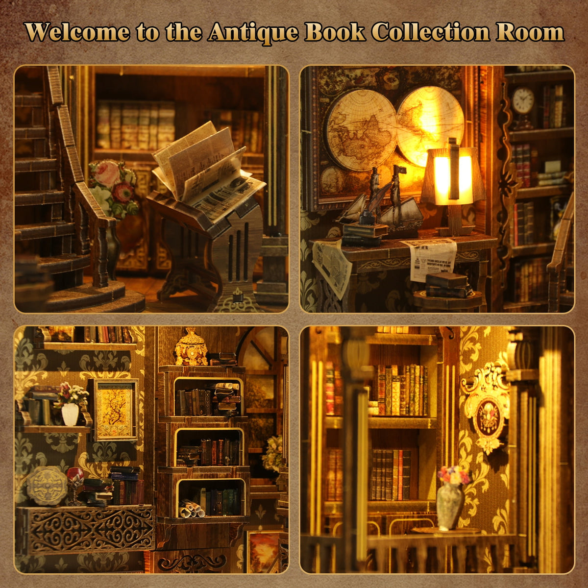 Book Nook Kit for Adults, 3D Wooden Puzzle with LED Light, Ancient Book Collection Model Bookshelf Decor, DIY Miniature MDF Bookshelf Craft Decor