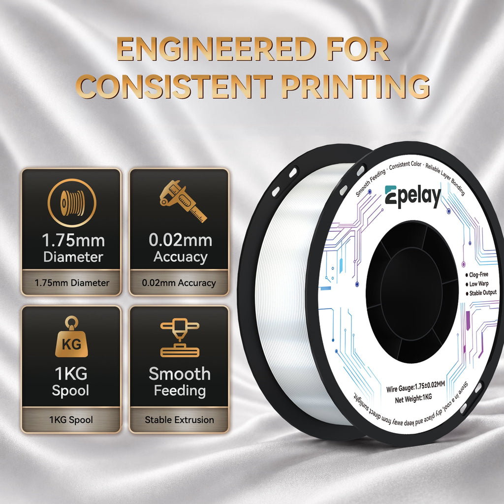 Epelay Silk PLA Plus 3D Printer Filament 1.75mm, Shiny Silver Finish, 1kg Spool, Strong Layer Adhesion, Smooth & Glossy Prints, Fits Most FDM Printers