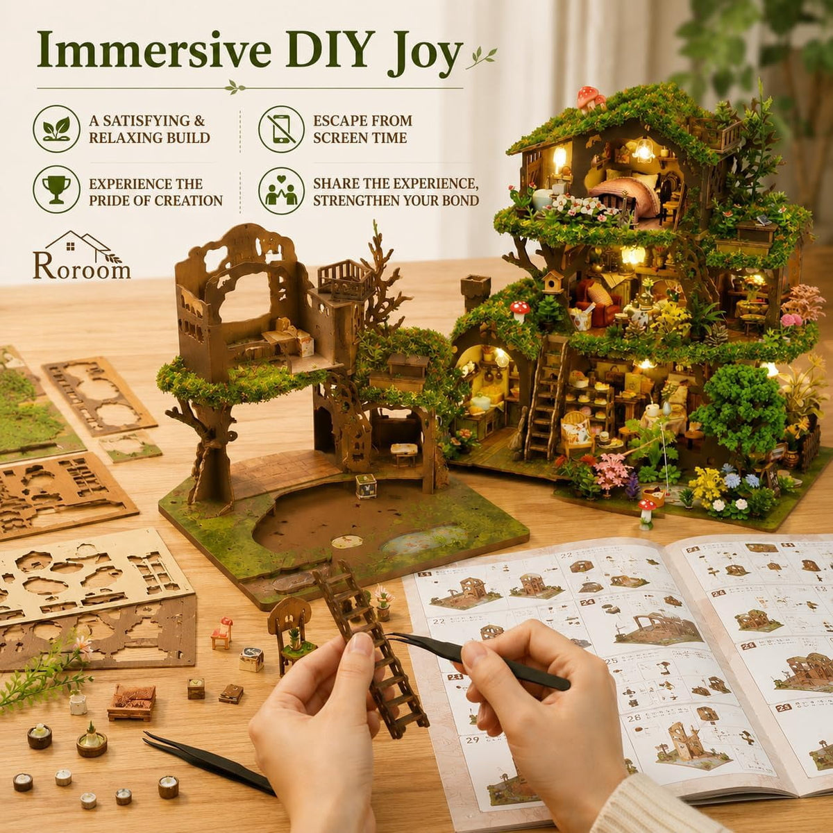 3D Puzzles for Adults, Fairy-Tale Treehouse Book Nook Kit, Wooden DIY Miniature House Kit for Bookshelf Decor,Creative Crafts for Women, Friends & Hobbyists