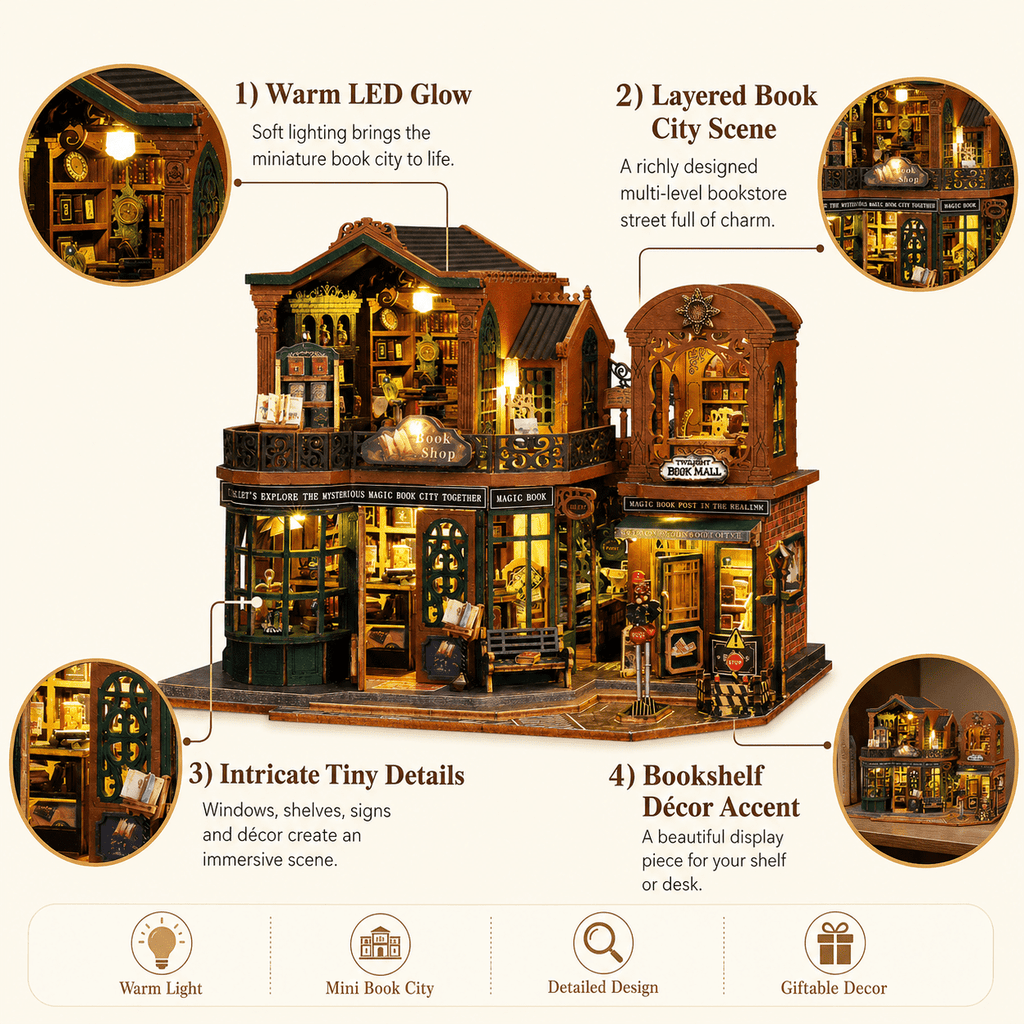 MOJINO DIY Miniature House Kit, Twilight Bookstore Book Nook Kit with LED Light, 3D Wooden Puzzle Book Nook Building Kit for Adults, Teens, Bookshelf Decor Gift