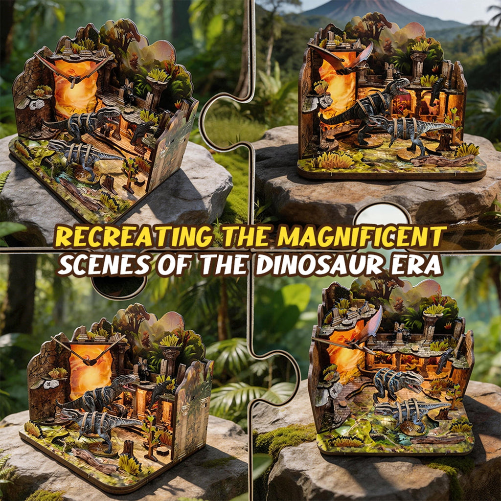 Dinosaur 3D Wooden Puzzle Set 89 Pieces Book Nook Kit with LED Light,Christmas and Birthday Gifts for 14+ Teens Adults