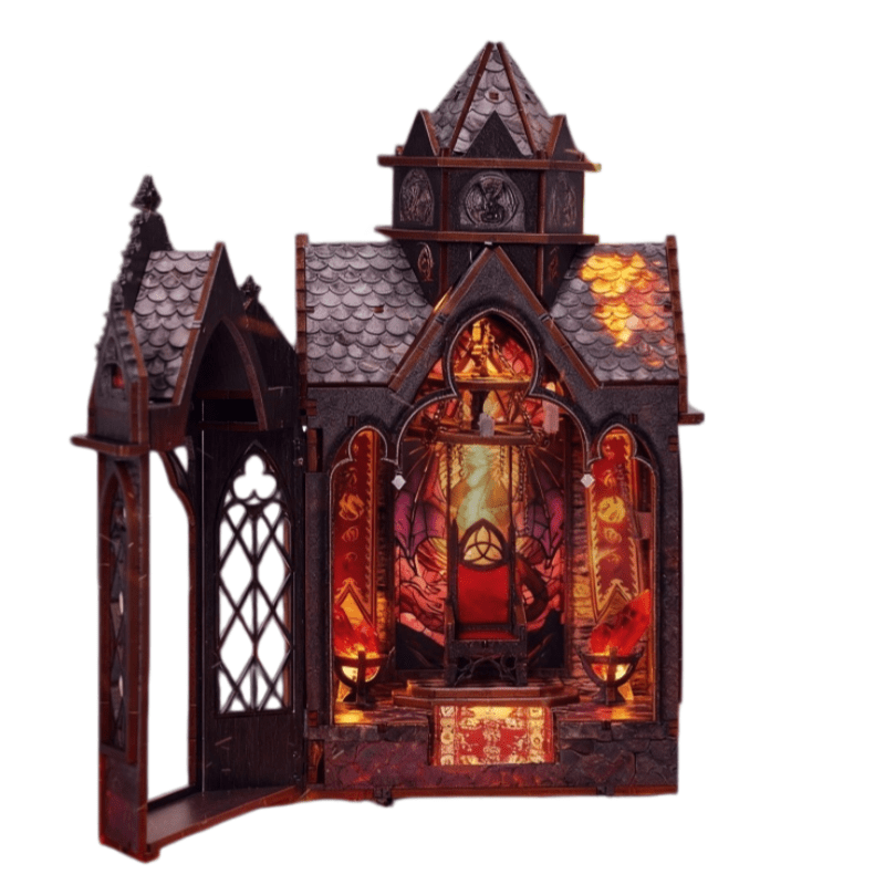 Ygarkreit Fantasy Dragon Gothic Castle DIY Book Nook Kit with LED Lights & Openable Doors, 3D Wooden Puzzle for Adults, Dark‑Fantasy Diorama Model Building Kit, Miniature House Wood Craft Kit for Tab