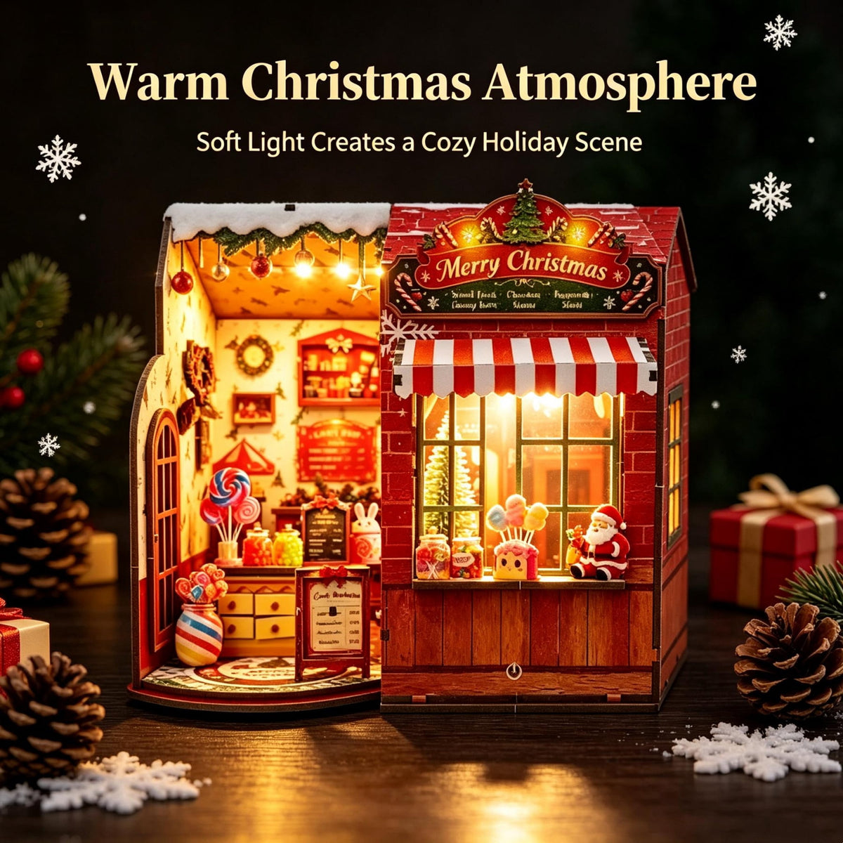 Ygarkreit Christmas Candy Shop DIY Book Nook Kit with LED Lights, 3D Wooden Puzzle for Adults, Christmas‑Themed Diorama Model Building Kit, Miniature House Wood Craft Kit for Holiday Decor & X‑mas Gi