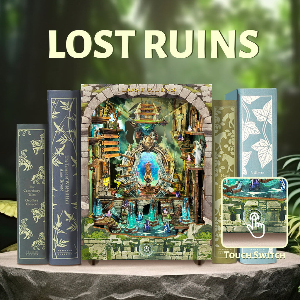 Strucwood DIY Book Nook Kit Lost Ruins Wooden Puzzles with LED Dust Cover,3D Crafts Hobbies Gifts for Adults（SQ-30）