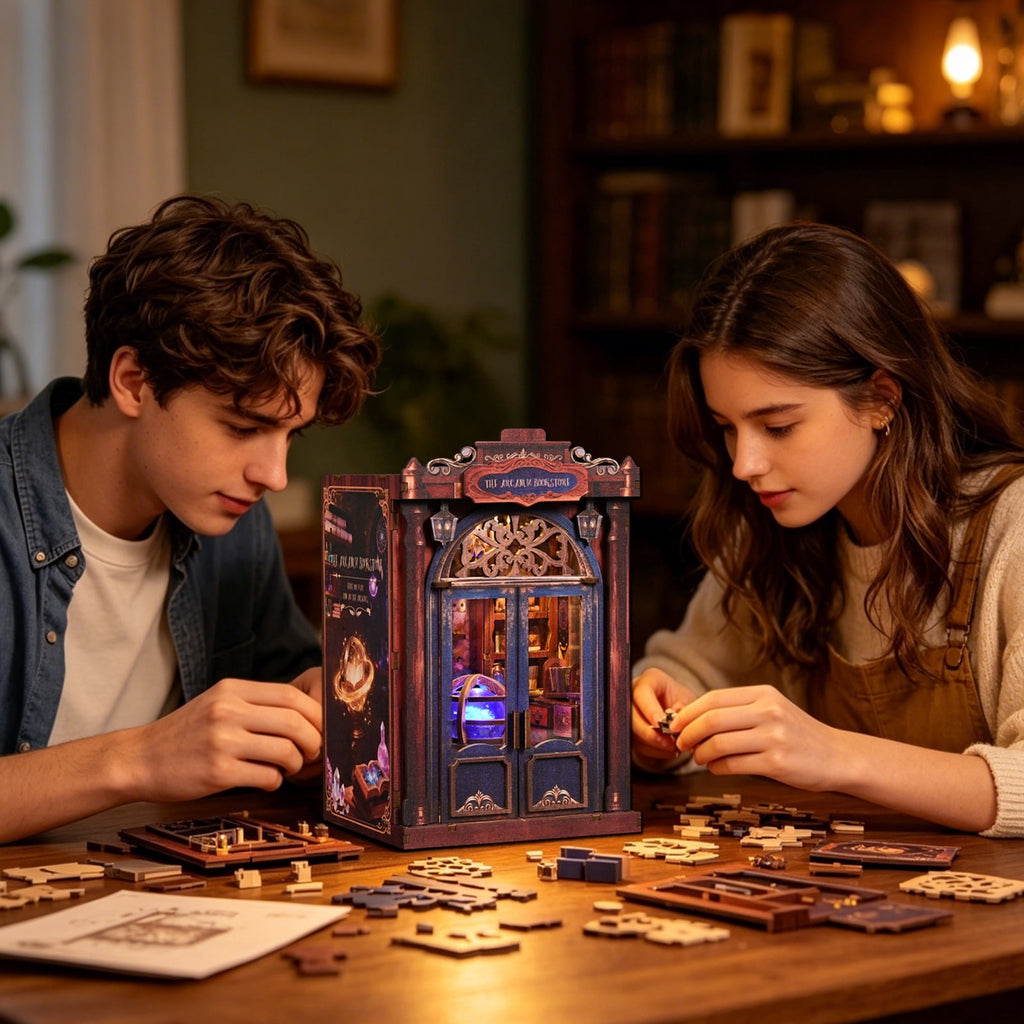 DIY Book Nook Kit with LED Light, Fantasy Wonderland Fold-Out Storybook Diorama, 3D Wooden Puzzle Bookshelf Decor Gift for Adults Teens