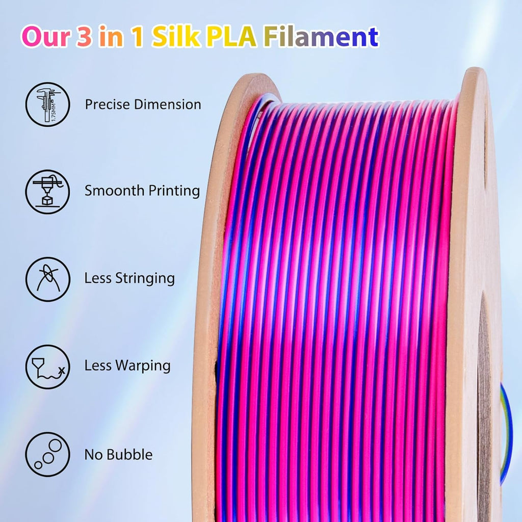 Multicolor 3D Printer Filament,Dual/Tri Color 1.75mm PLA Silk Shiny Printing Filament,250g(0.55lbs) Fit Most FDM 3D Printer