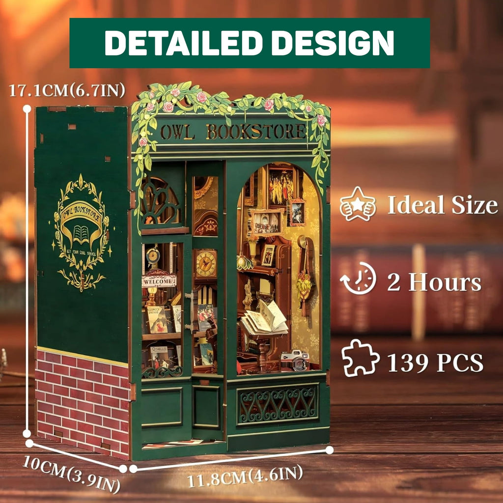 Book Nook Kit, DIY Scene Miniature House Kit Tiny House Mini Booknook Craft Bookshelf Decor, 3D Puzzles for Adults, 139 Wooden Pieces, Scale Library Model, Gifts for Book Lovers（OWL Bookstore）