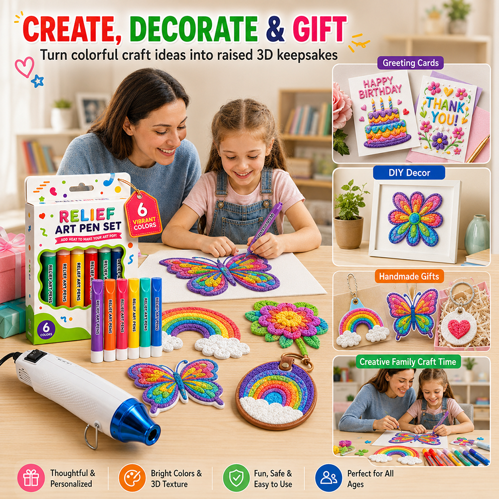 Relief Art Pen Popcorn Puffy Pens on Different Surfaces DIY Magic Drawing Pen Included Heater Tool Create Raised Bubble Markers for Crafts