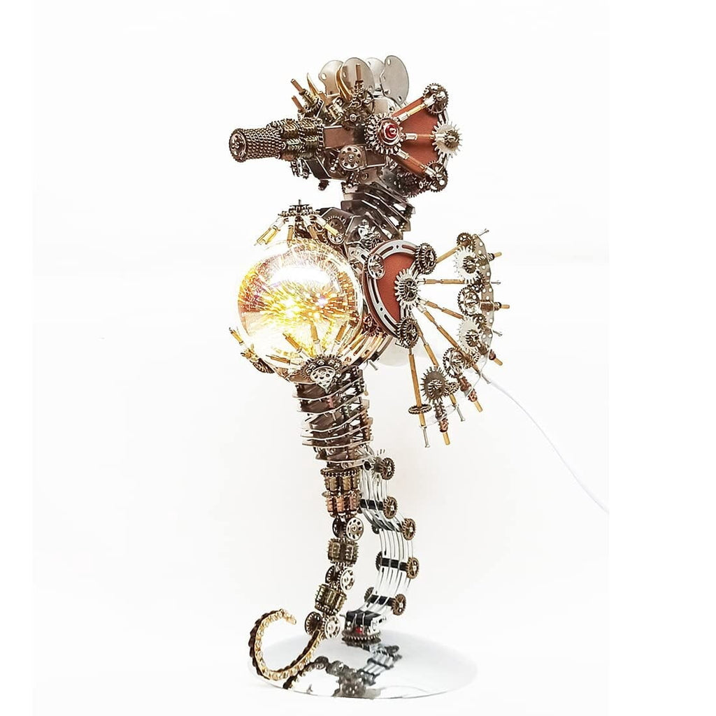 3D Metal Puzzles Steampunk Seahorse Lamp - 2100PCS Mechanical Model Kit with 16 Color Light for Unique Home Decor