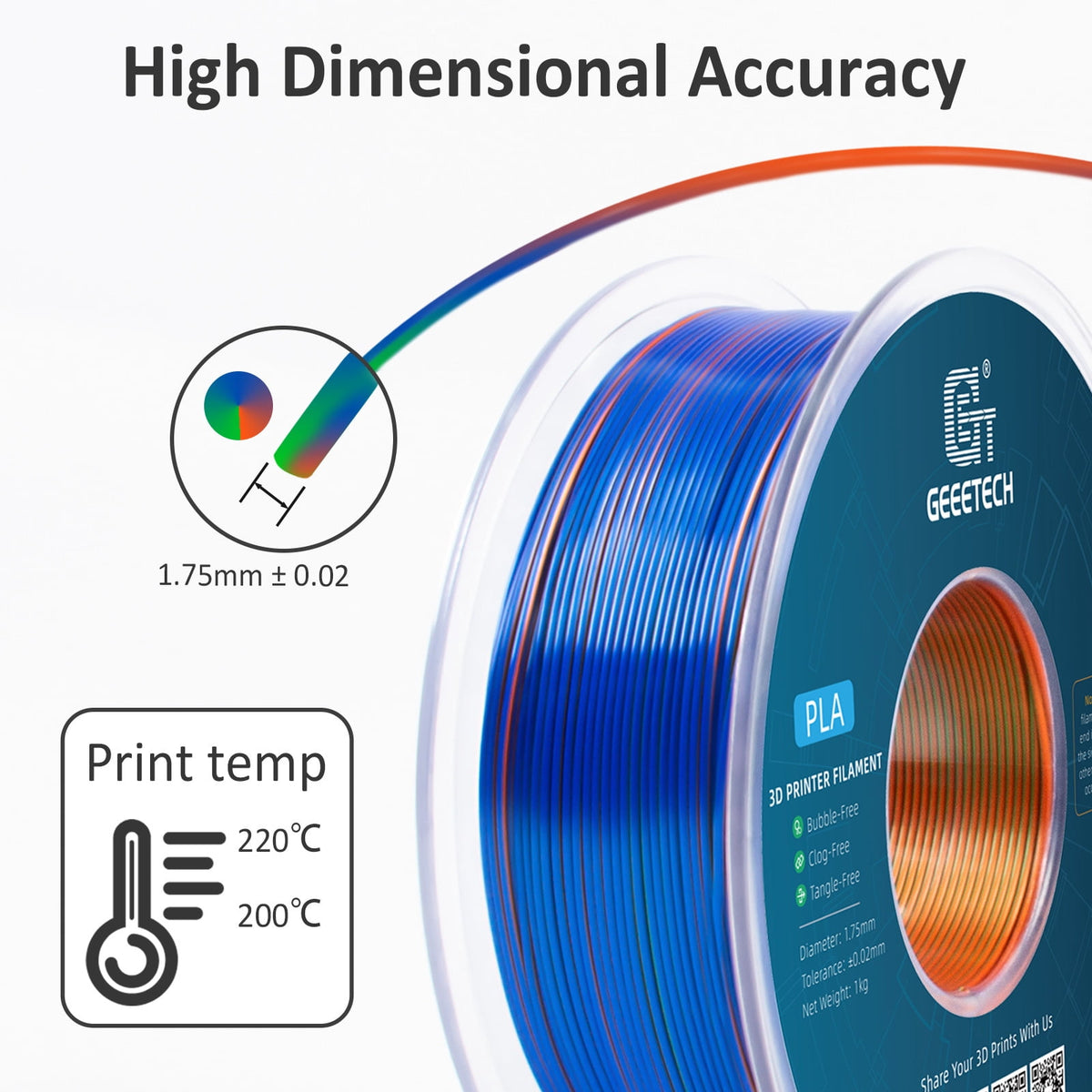 Geeetech Anti-silk type 3D Printer PLA Filament 1kg Toughness Enhanced Filament with 1.75mm Dimensional Accuracy +/-0.03mm, 1080 Feet per Roll, Vacuum Packaging Three-color blue, purple and black
