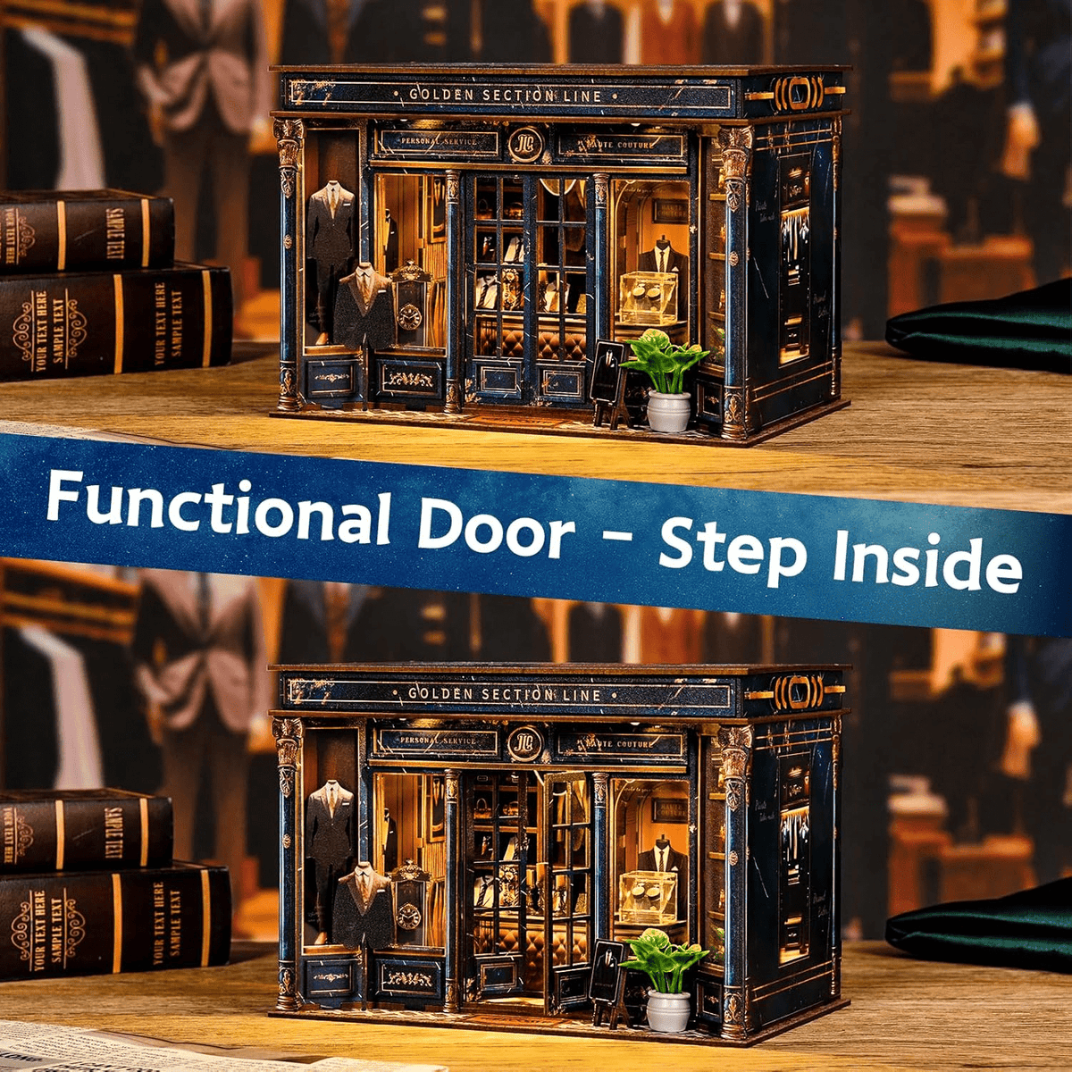 Qissep Book Nook Kit for Adults - Golden Section Line DIY Miniature Dollhouse 3D Wooden Puzzle, Creative Bookshelf Insert Decor, Unique Home Decoration Craft Kits for Women Men