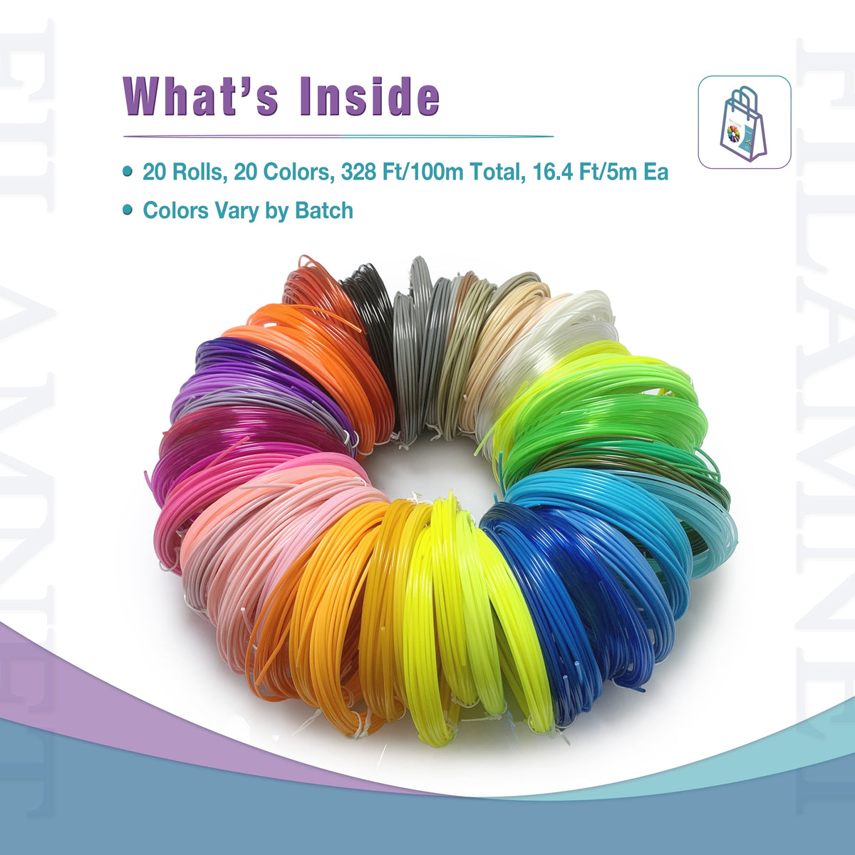 fuentai 3D Pen Printing Filament - PLA Refills for 3D Print - 20 Rolls 20 Colors, 328 Ft (16.4 Ft Ea), 1.75mm - Ideal for Art, Crafts, Doodle to Create - Great Birthday and Christmas Gifts for Kids