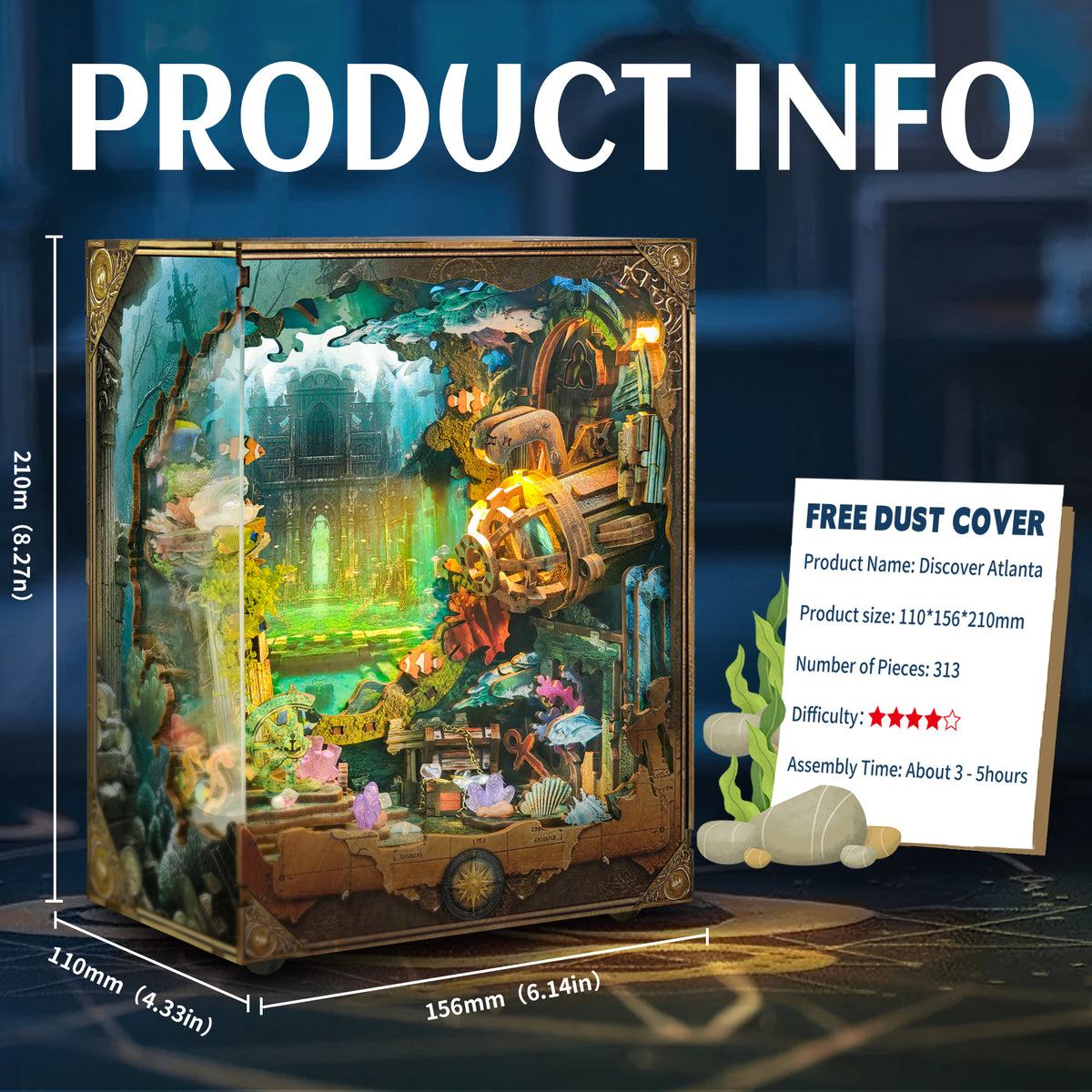Strucwood DIY Book Nook Kit Discover Atlanta Wooden Puzzles with LED Dust Cover,3D Crafts Hobbies,Gifts for Adults(SQ-02)