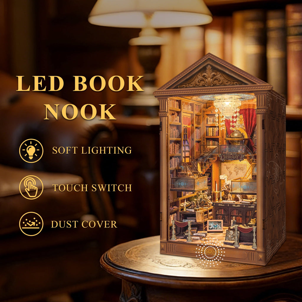 Strucwood Reading Hall DIY Wooden Book Nook Kit with Touch LED Lights,3D Miniature Vintage Library Puzzle Craft Gifts for Adults(SQ-111)