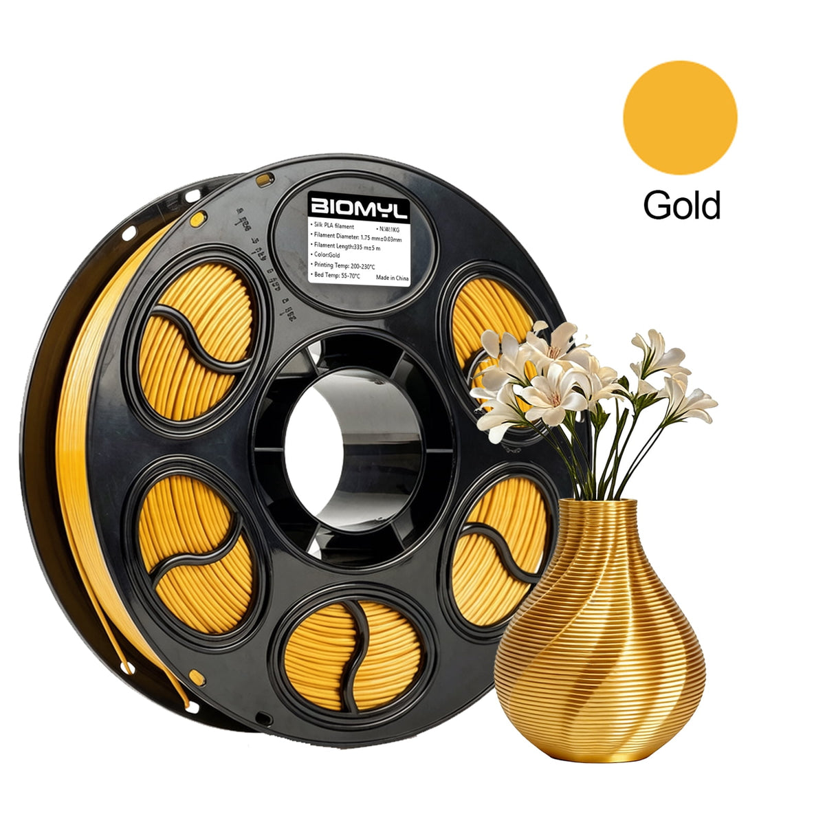 BIOMYL PLA 3D Printer Filament, PLA Filament 1.75mm Metal Gradient Color silk PLA, Tri Gold/Silver/Copper, 1kg Spool, Accuracy +/- 0.03mm