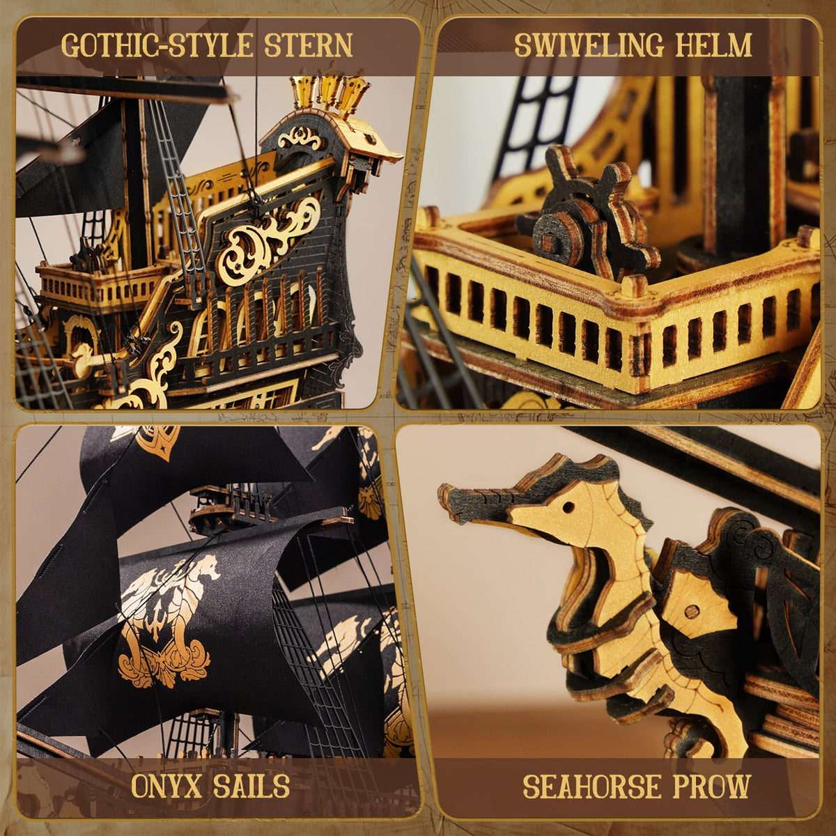 Robotime Seahorse 3D Wooden Puzzles for Adults , 603-piece Black Sailing Ship Model Building Kit