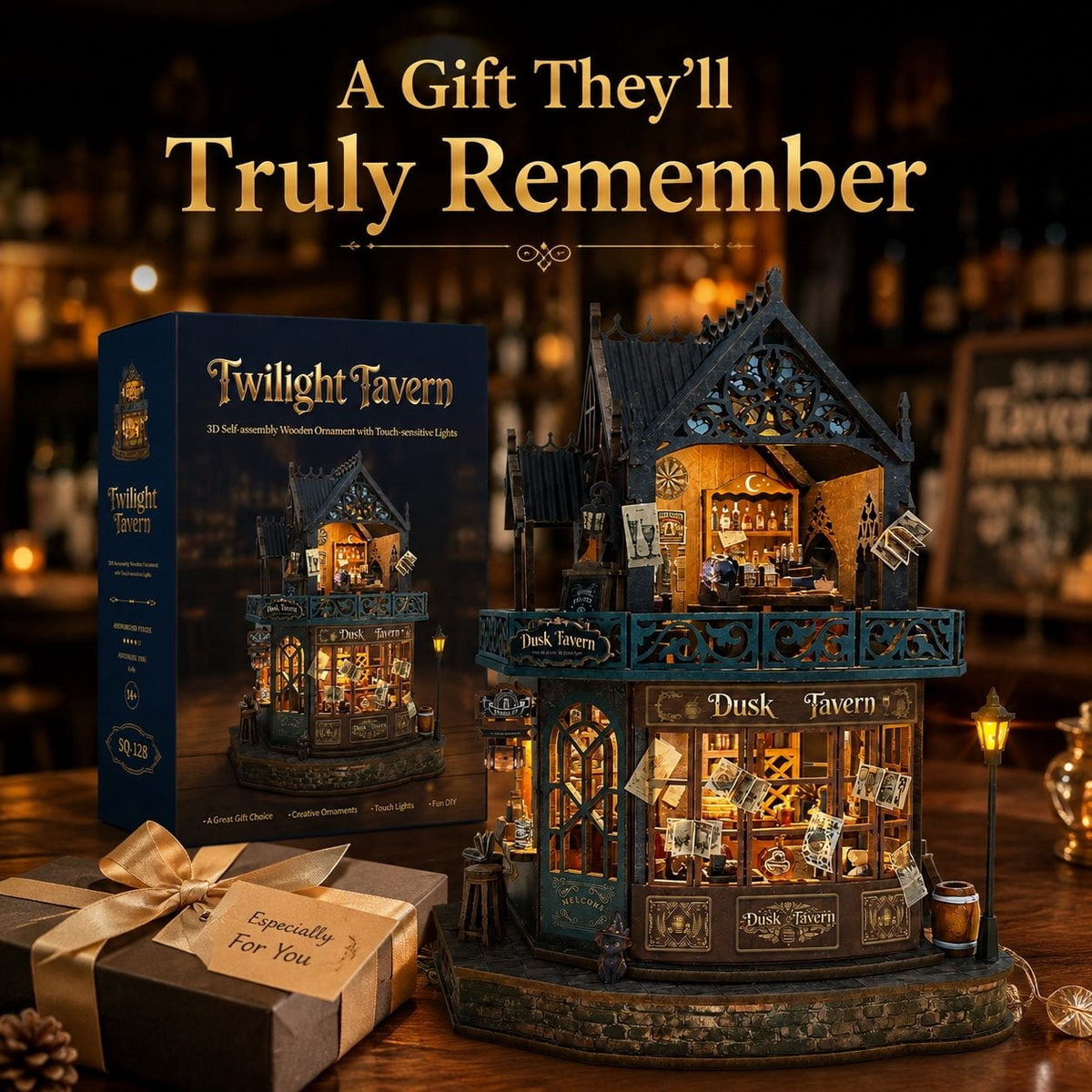 Twilight Tavern DIY Miniature House Kit – Wooden 3D Puzzle with LED Lights, Creative Building Model & Relaxing Craft Gift