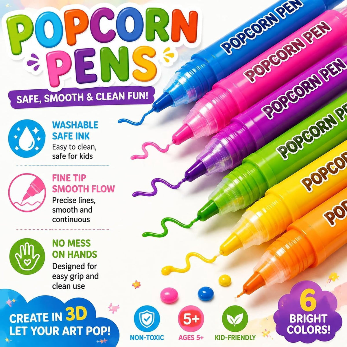 Upgrade 3D Magic Popcorn Pens, DIY Bubble Popcorn Drawing Pen with 6 Colors