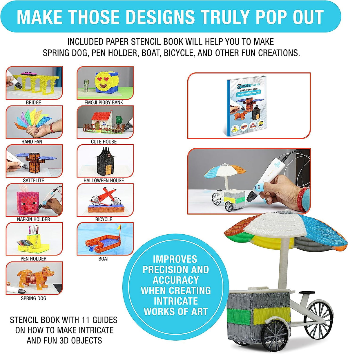 3D Pen Filament with Silicon Design Mat and Compatible Stencils Book with 12 Templates - 1.75mm PLA Plastic Refills - 360 Feet of Assorted Filament for 3D Drawing and Doodling