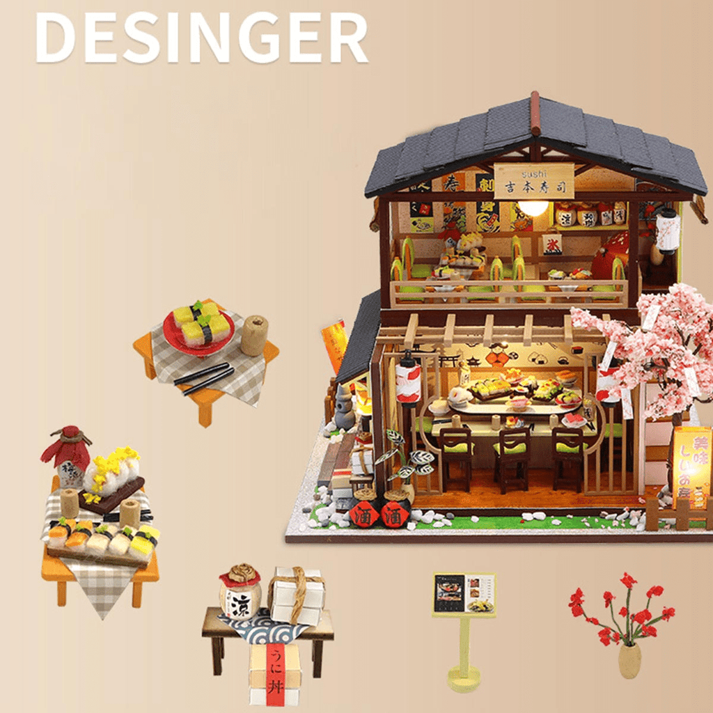 DIY Vintage Japanese Sushi Shop 3D Wooden Building Model Kit, 200+ PCS Miniature House Puzzle, Creative Handcrafted Display Gift for Adults
