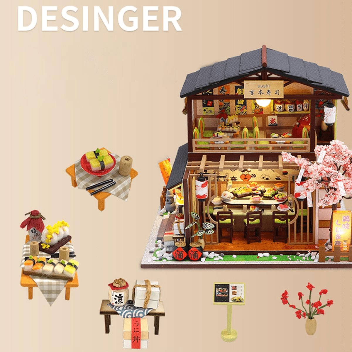 DIY Vintage Japanese Sushi Shop 3D Wooden Building Model Kit, 200+ PCS Miniature House Puzzle, Creative Handcrafted Display Gift for Adults