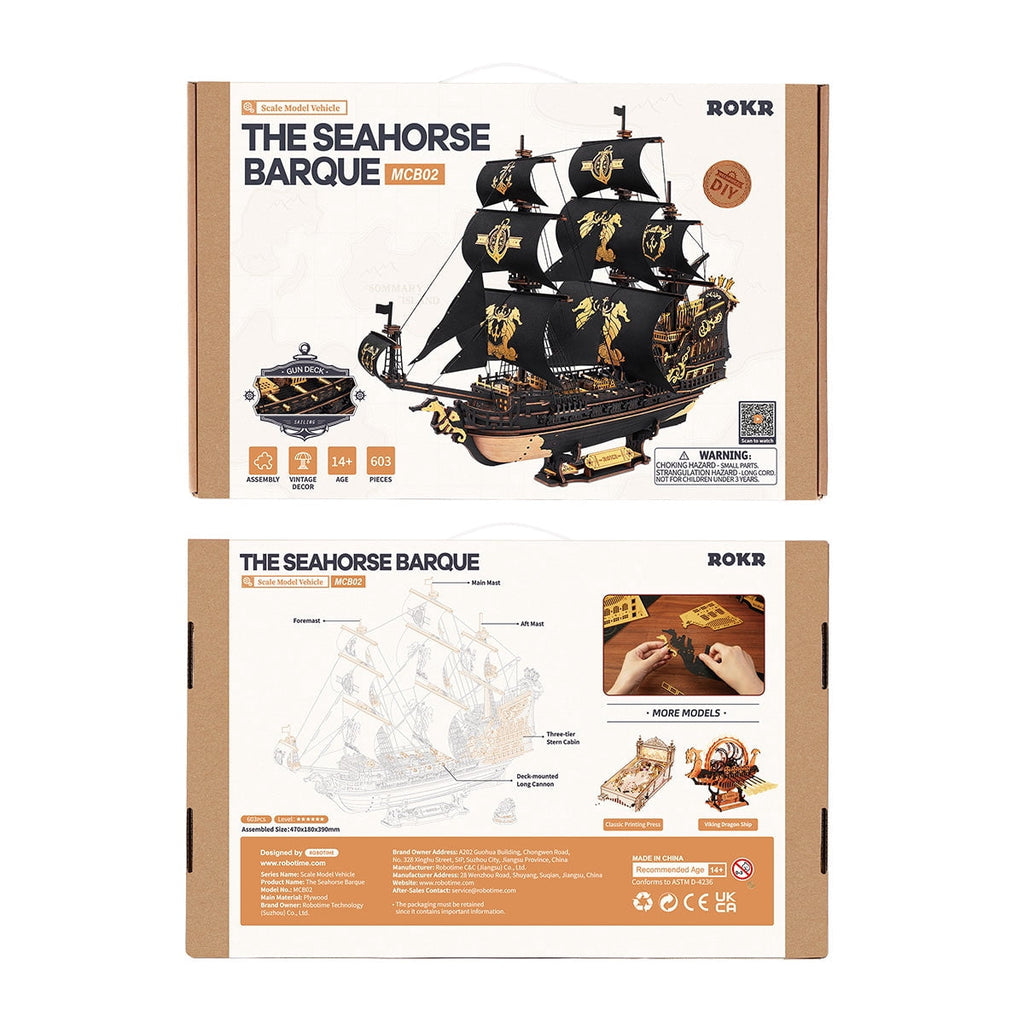 ROKR Seahorse Barque 3D Wooden Puzzle, 1:100 Scale Ship Model Diy Building Toy for Adults Gift