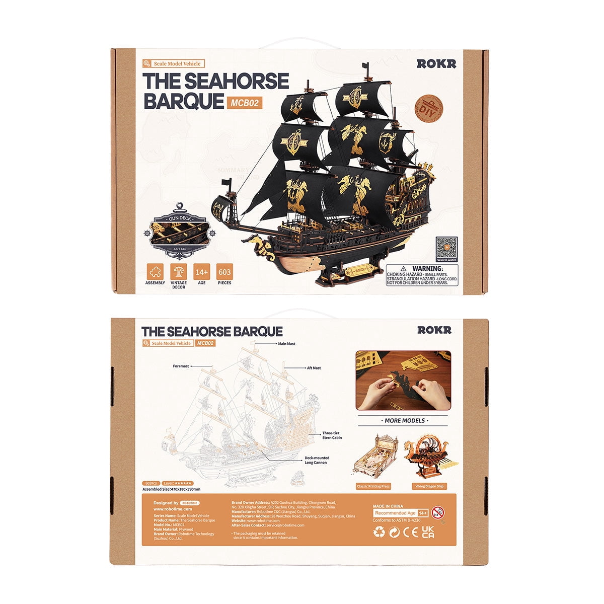 ROKR Seahorse Barque 3D Wooden Puzzle, 1:100 Scale Ship Model Diy Building Toy for Adults Gift