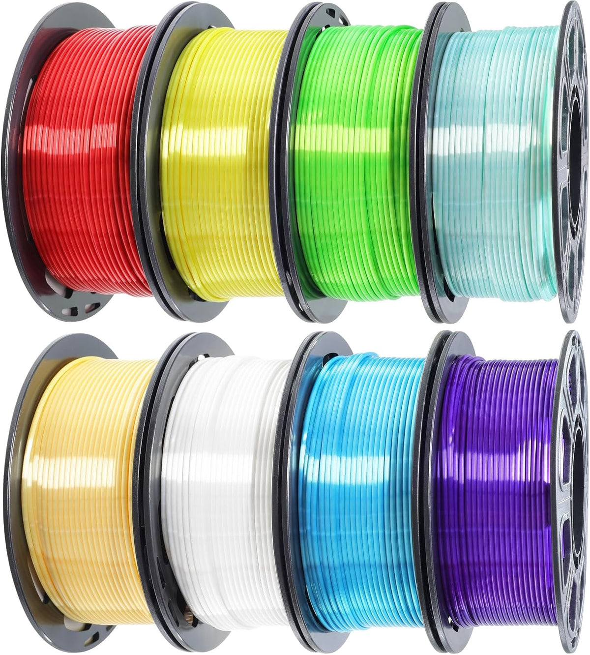 1.75mm 3D Printer Silk Shiny PLA Filament 8 Spools Bundle, Silk Luster Red Orange Yellow Green Cyan Blue Purple White 8 Most Popular Shining Colors, 0.25kg/Spool, Total 2kg