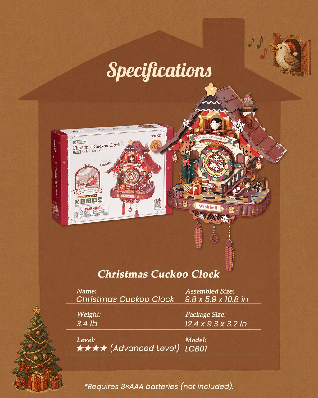 ROKR Christmas Cuckoo Clock, Wooden 3D Puzzle Mechanical Model Kit with LED Light and Moving Parts, Holiday Home Decor Display Xmas Gift for Adults