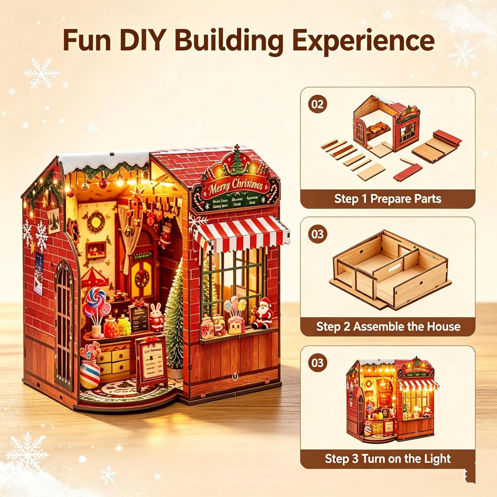 Ygarkreit Christmas Candy Shop DIY Book Nook Kit with LED Lights, 3D Wooden Puzzle for Adults, Christmas‑Themed Diorama Model Building Kit, Miniature House Wood Craft Kit for Holiday Decor & X‑mas Gi