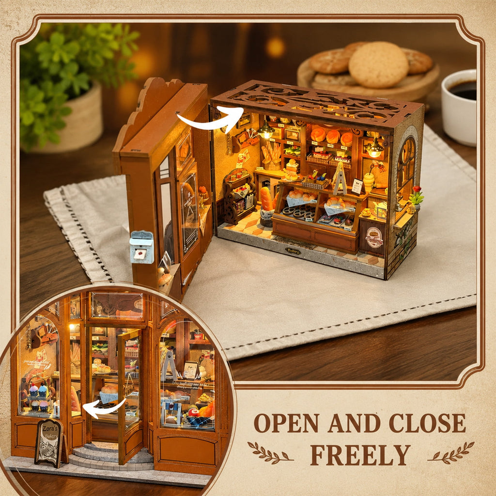 MOJINO DIY Book Nook Kit, Zora's Bakery Miniature House 3D Wooden Puzzle with LED Light, Tiny Home Dollhouse Craft Kit for Adults & Teens
