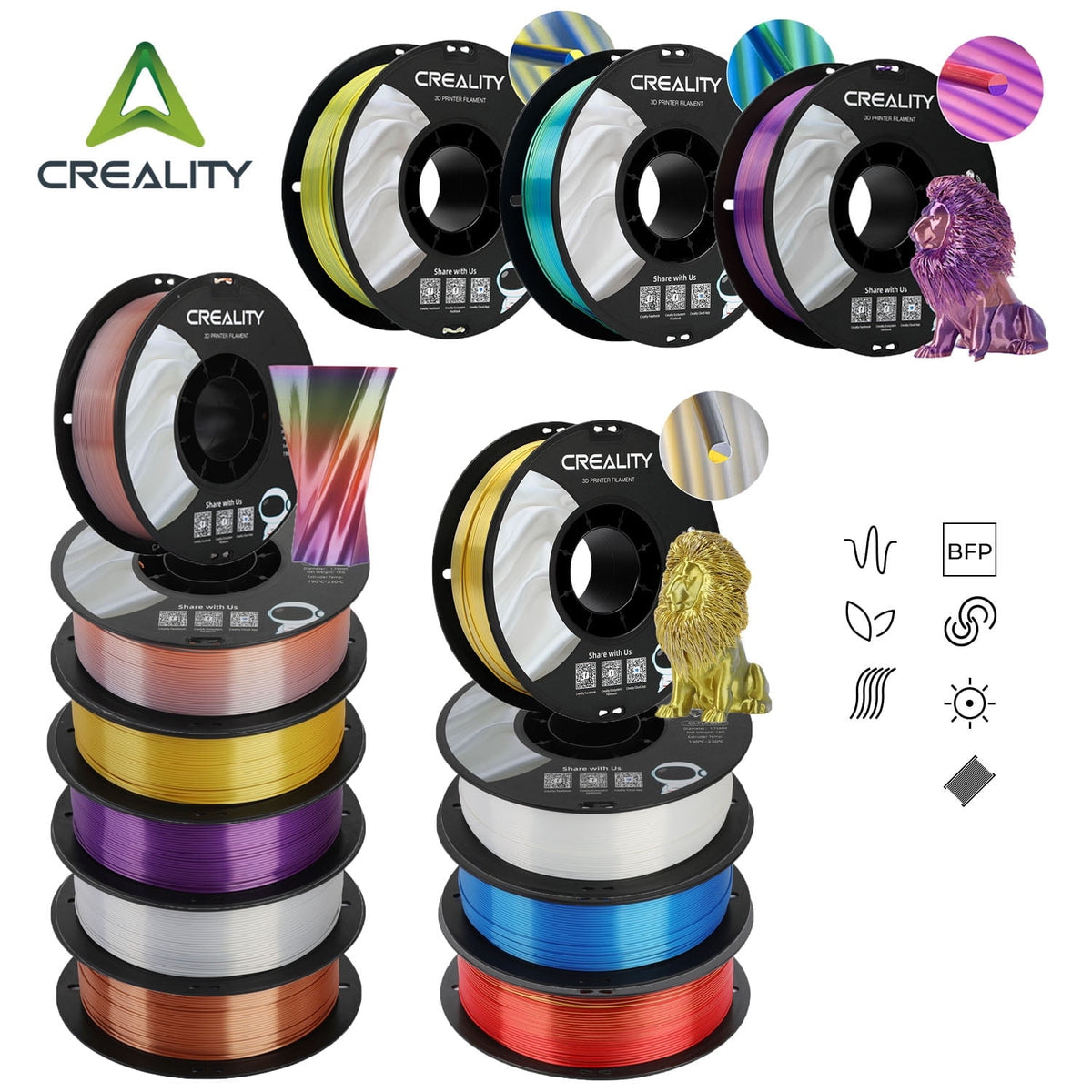 Creality Official 3D Printer Filament 2 Packs 1.75mm Silk PLA Filament Dimensional Accuracy +/- 0.03 mm 2.2lbs for 3D Printers