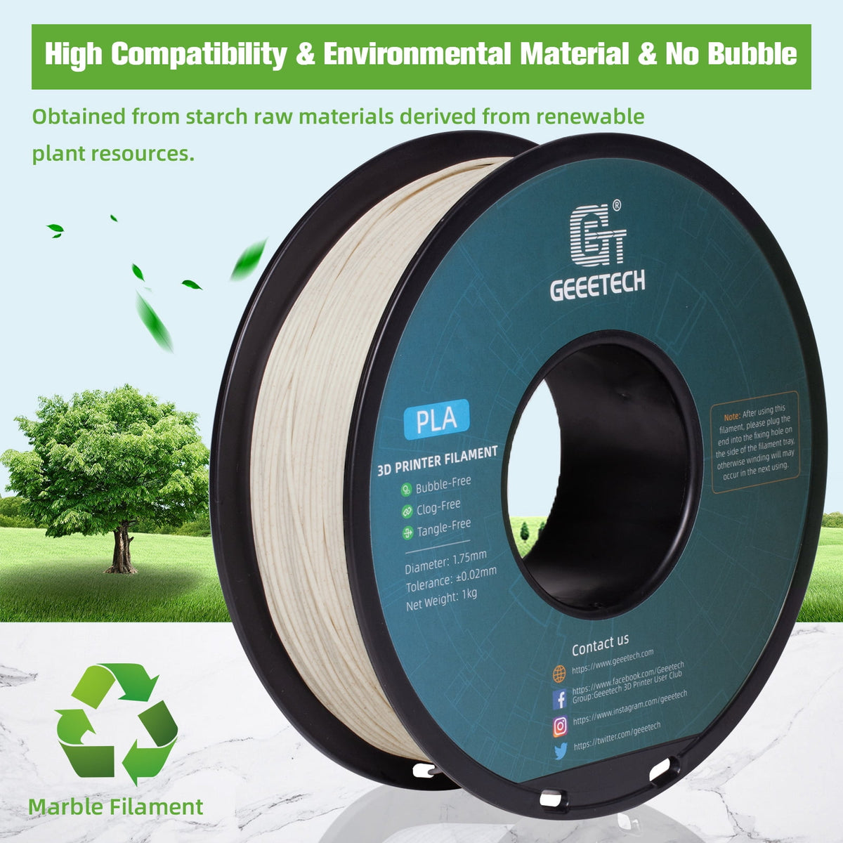 Geeetech Marble blue PLA 3D Printer Filament 1.75mm Toughness Enhanced, Dimensional Accuracy +/-0.03mm, 1kg (2.2lbs) , 1080 Feet （330m）per Roll, Fit for Most 3D FDM Printer