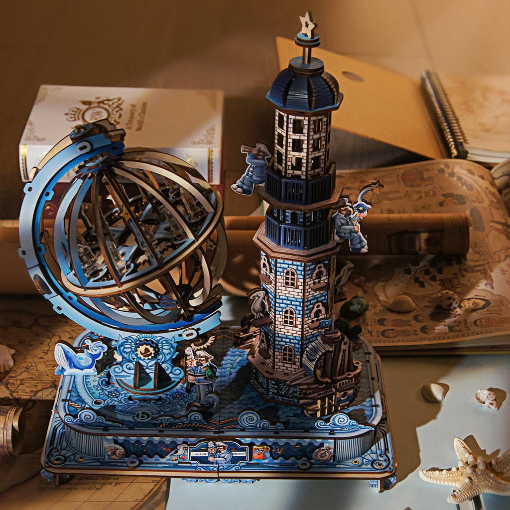 3D Wooden Puzzle Seaside Lighthouse Cabin Coastal Village Desk, 360 PCS, DIY Assembly Miniature Building Model Kit For Home Decor, Shelf Display And Creative Gifts