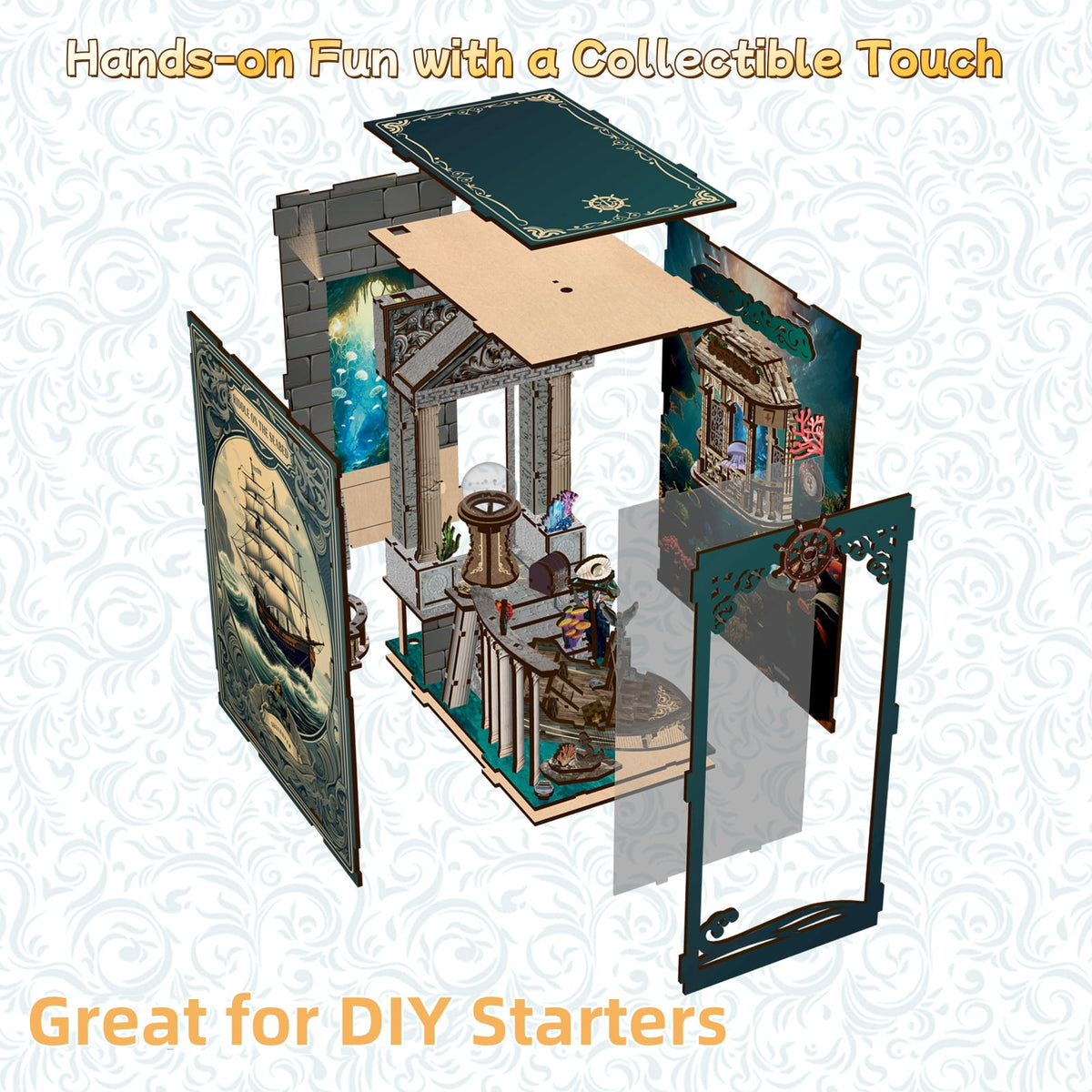 DIY Book Nook Kit, Mysteries Beneath the Sea 3D Wooden Puzzle with LED Light, Bookshelf Craft Kit for Adults Teens (14+)