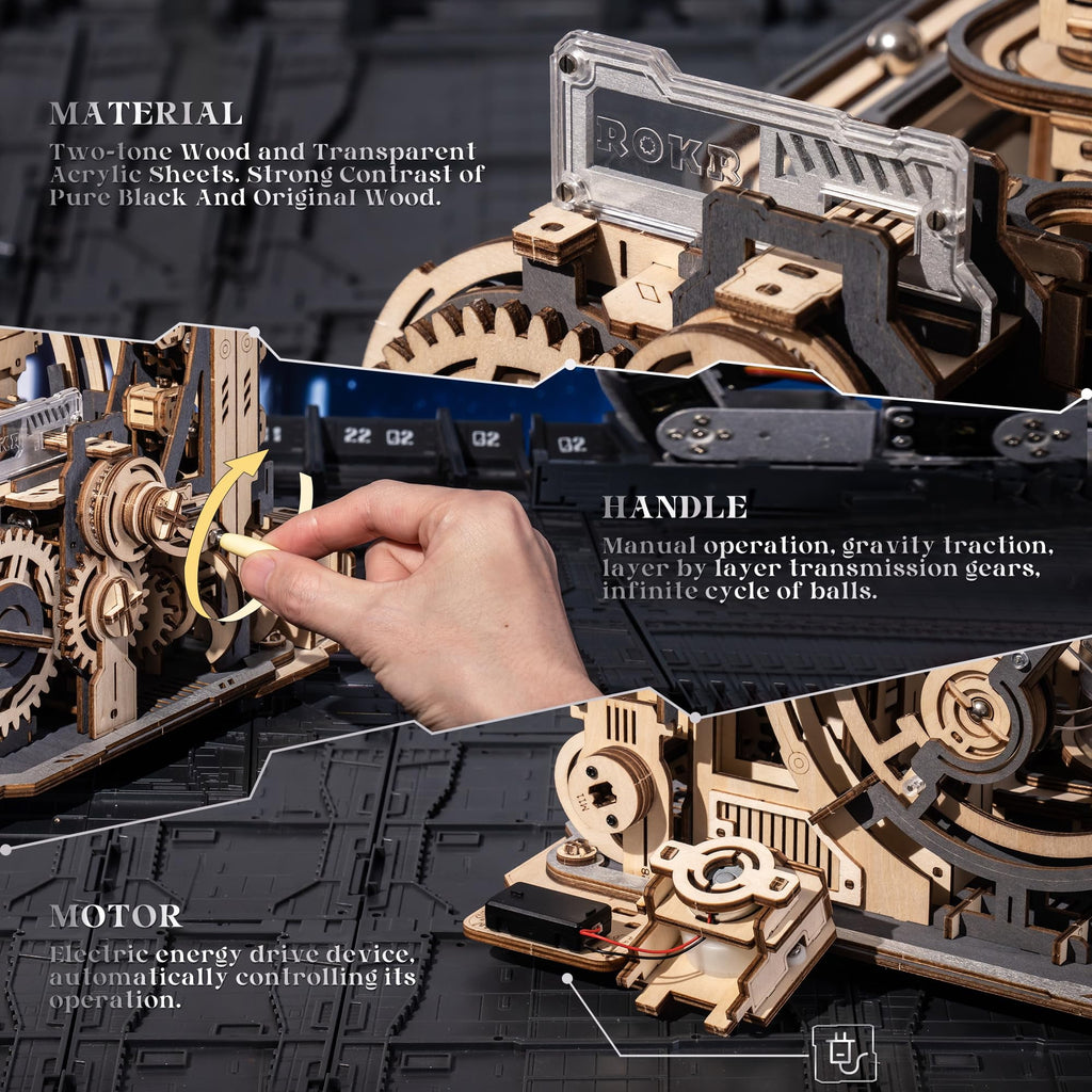 ROKR 3D Jigsaw Wooden Puzzle Marble Run Spaceport Electric Model Kit for Adults and Kids 472 Pieces