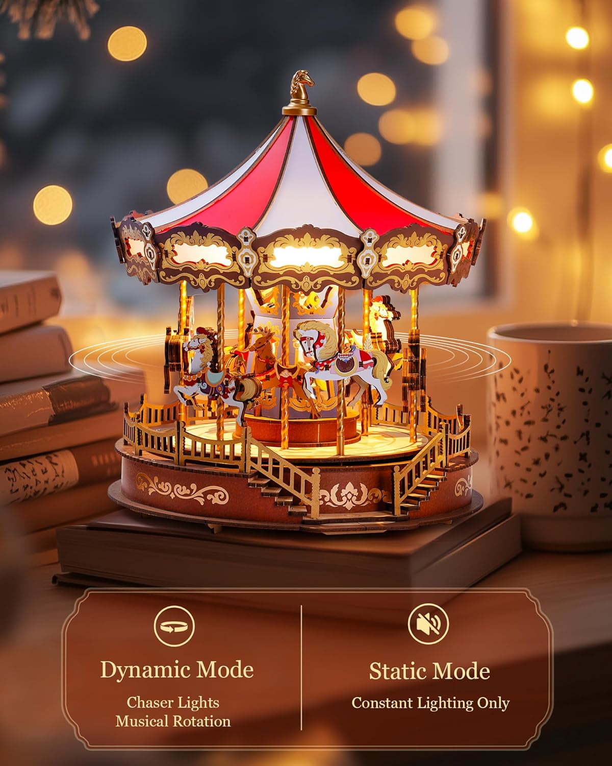 Robotime Classic Carousel Dreamer 3D Puzzle Music Box, DIY Wooden Building Model Kits,Christmas Birthday Gift for Kids Girls Adults