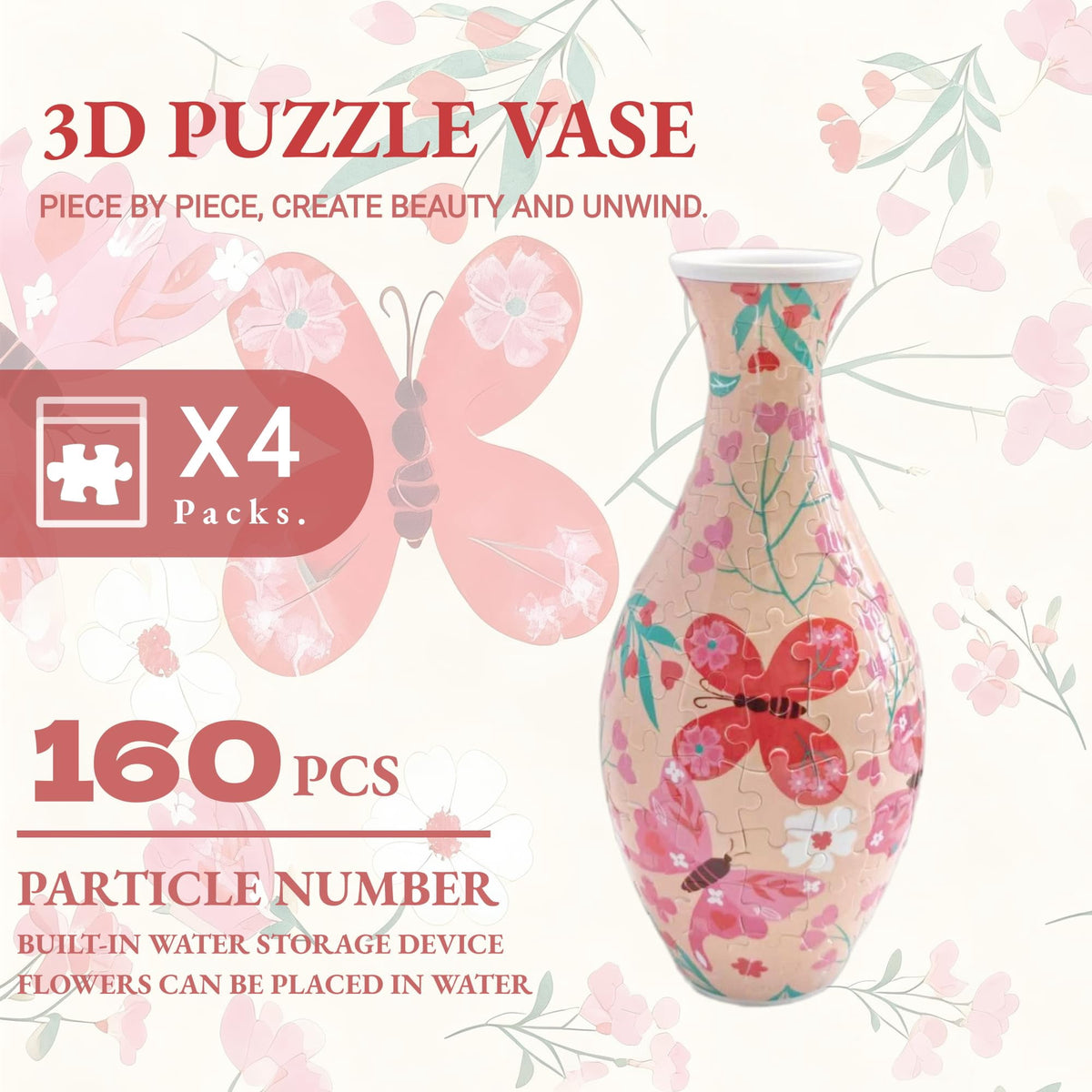 3D Puzzle Vase for Adults, Creative Vase Puzzle for Flowers(Secret Butterfly)
