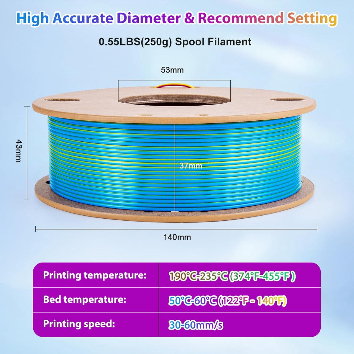Multicolor 3D Printer Filament,Dual/Tri Color 1.75mm PLA Silk Shiny Printing Filament,250g(0.55lbs) Fit Most FDM 3D Printer