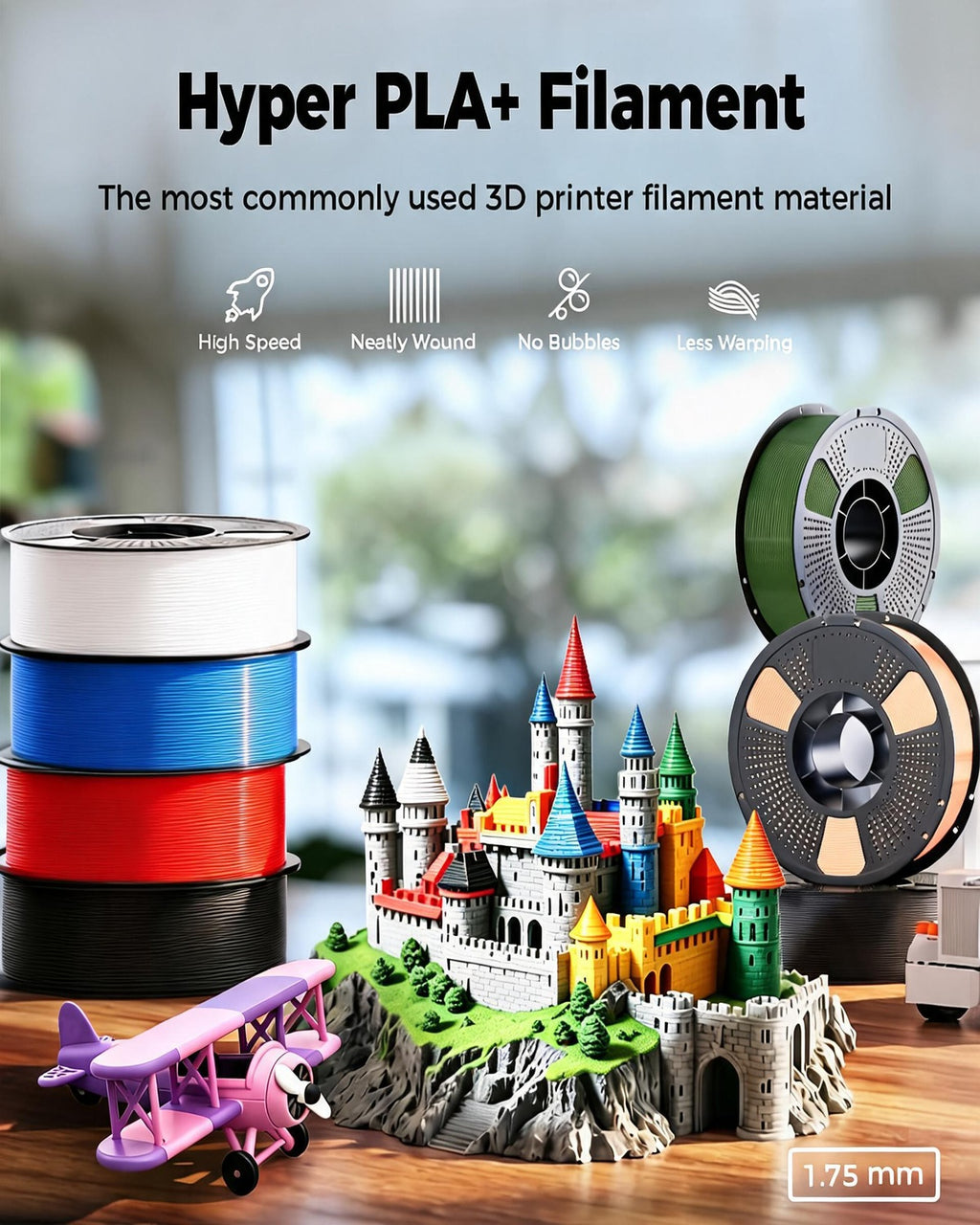 8-Pack 1.75mm PLA+ 3D Printer Filament Bundle 0.25kg Spools Multicolor (Black Jade White Grey Red Dark Blue Green Orange Yellow Yellow)