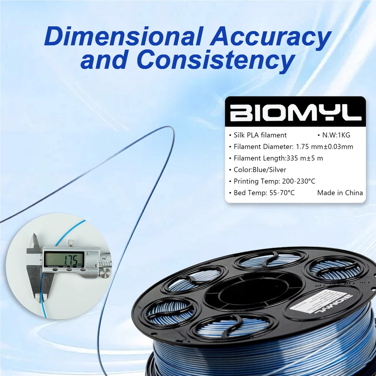 BIOMYL PLA 3D Printer Filament, PLA Filament 1.75mm Metal Gradient Color silk PLA, Tri Gold/Silver/Copper, 1kg Spool, Accuracy +/- 0.03mm