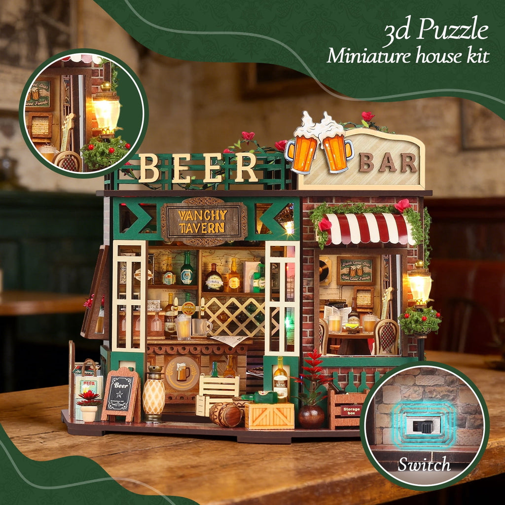 WLBES 3D Wooden Puzzle Book Nook Kit for Adults, DIY Miniature Tavern House Model Kit, Cute Book Nooks for Bookshelf, Home Decor Craft Hobby