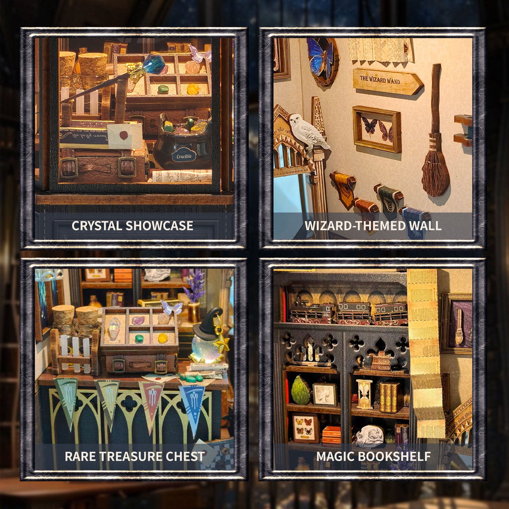 Strucwood Magic Oddities Store DIY Wooden Book Nook Kit with Touch LED Lights,3D Miniature Wizard Shop Puzzle Craft Gifts for Adults(SQ-109)